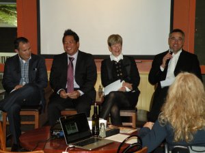 Brokers share a light moment during their discussion. Left to right are Tom Tognoli, Intero Real Estate Services; Ryan Iwanaga, Sereno Group; Carol Burnett, Alain Pinel Realtors; and Don Tornincasa, Coldwell Banker.